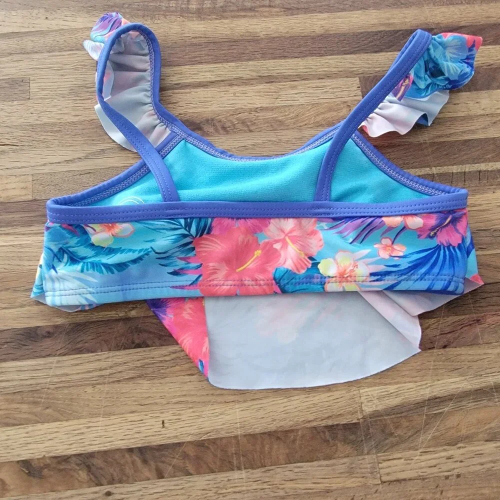 Wonder Nation Girls Flounced Bikini Top Blue Tropical Leaf Print